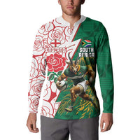 Personalized green and white long-sleeve rugby button sweatshirt with front mascot graphic