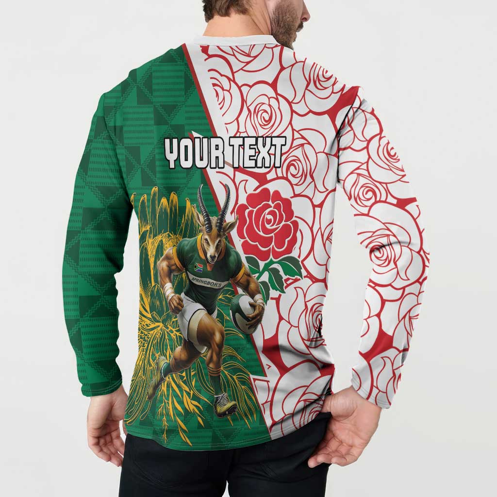 Personalized green-sleeve white-body rugby button sweatshirt with 'YOUR TEXT' area
