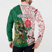 Personalized green-sleeve white-body rugby button sweatshirt with 'YOUR TEXT' area