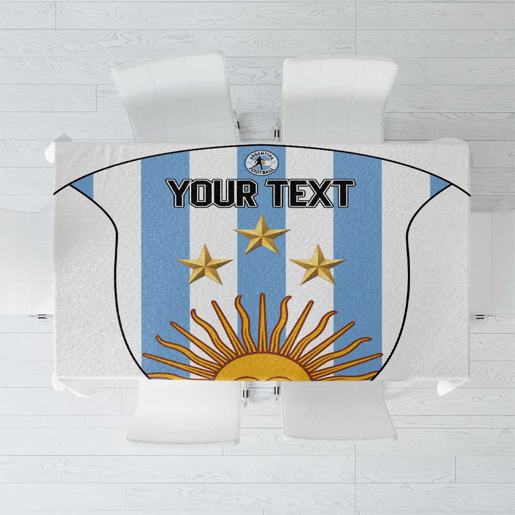 White football tablecloth with Argentina emblem panel, sunburst and stars centerpiece