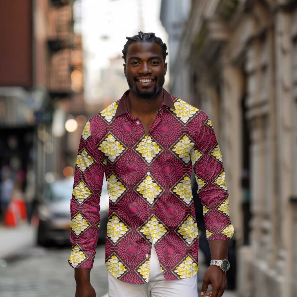 Ruby Gold African Ankara Pattern Long Sleeve Button Shirt