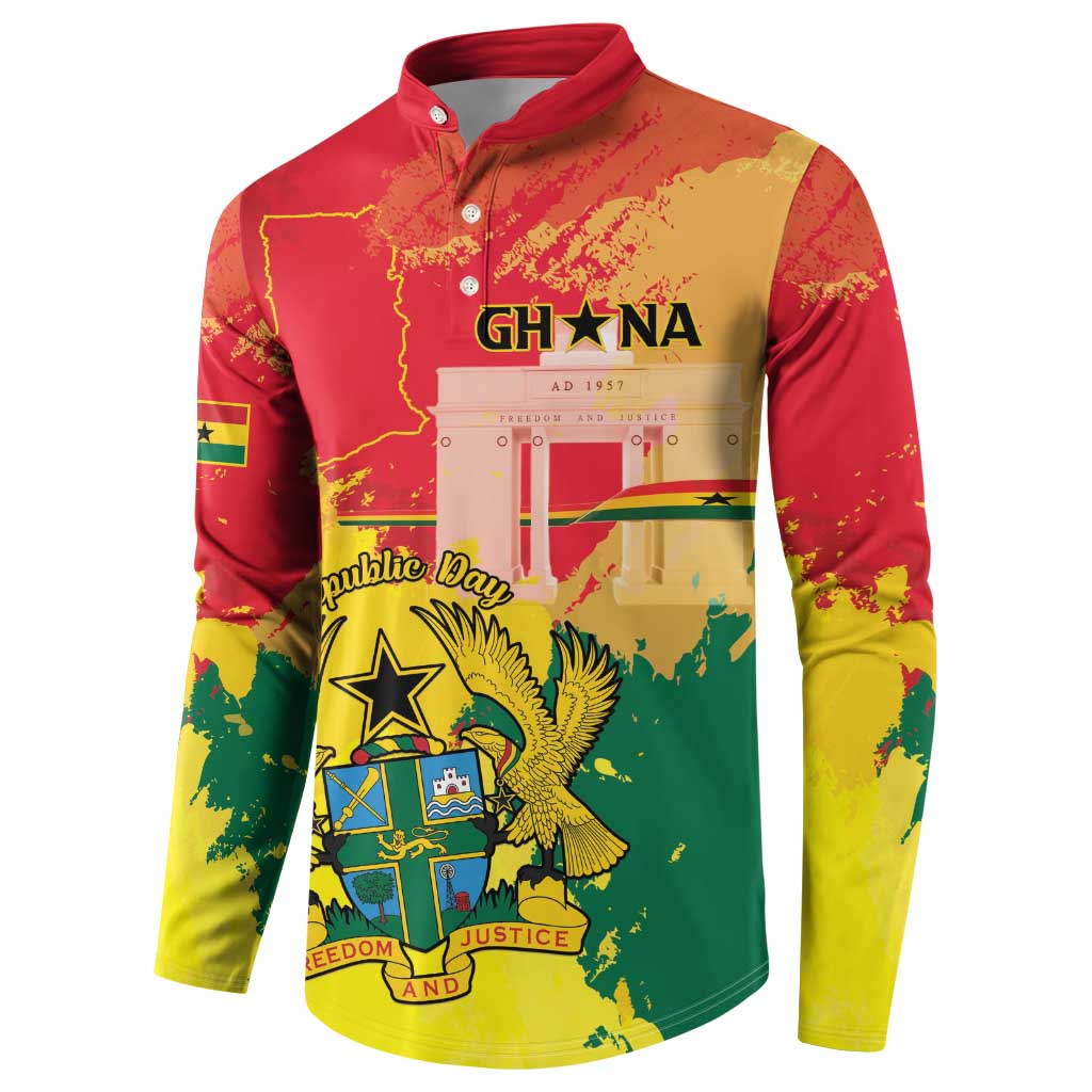 Collared long-sleeve button sweatshirt with Ghana crest and GH*NA text, multicolor