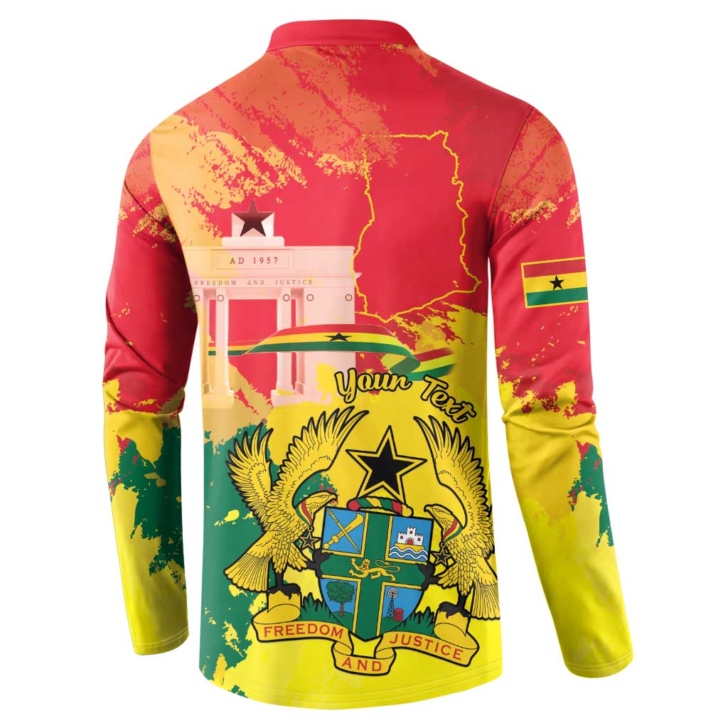 Back of long-sleeve button sweatshirt with Ghana crest and 'Your Text' print, multicolor
