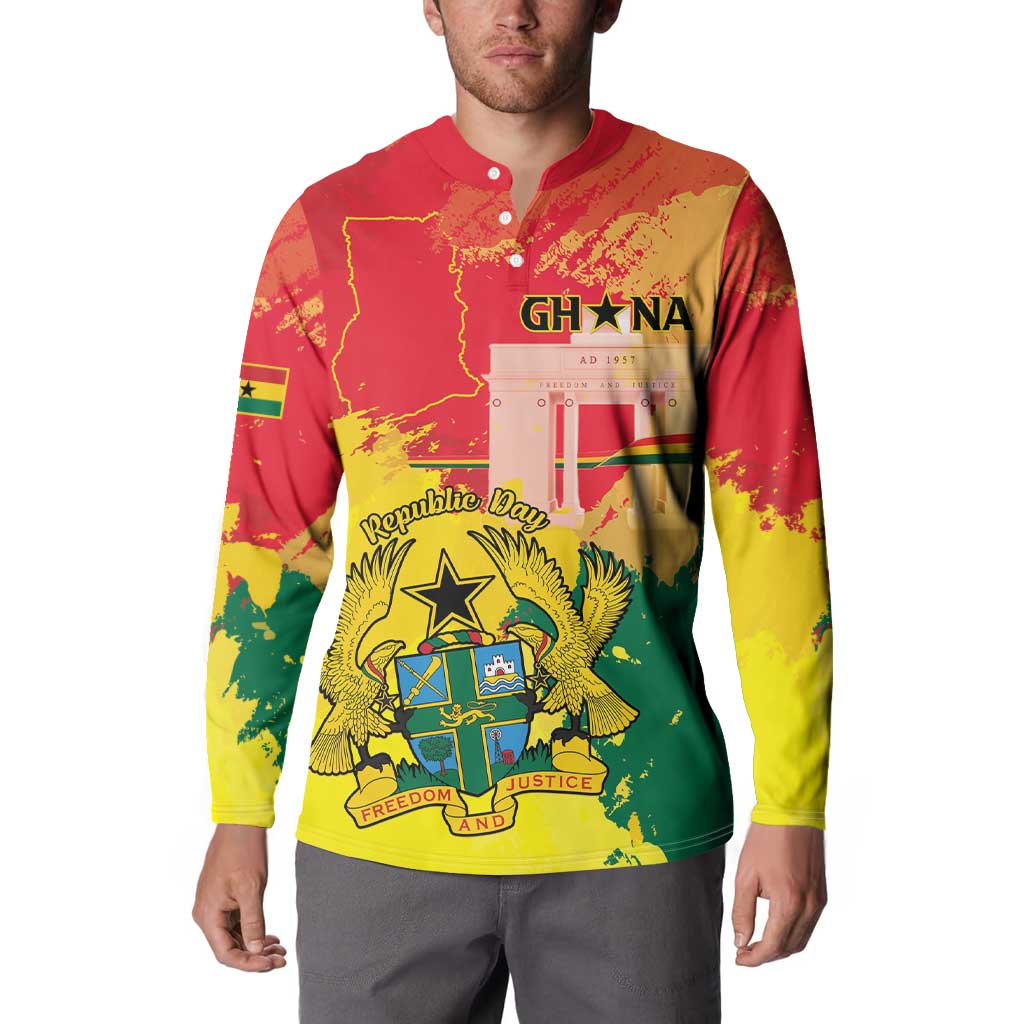 Long-sleeve button sweatshirt with Ghana map outline and coat-of-arms center graphic, multicolor
