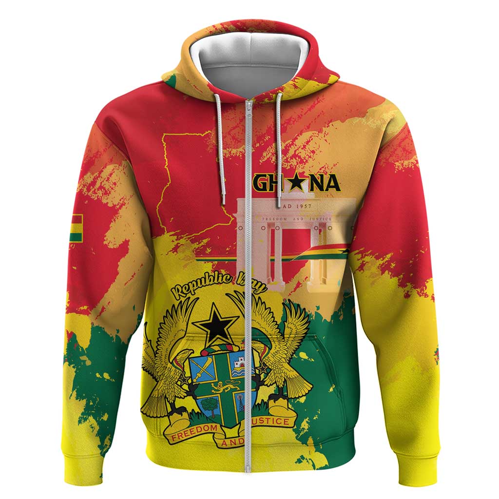 Personalized Ghana Republic Day Zip Hoodie Black Star Square With Coat Of Arms