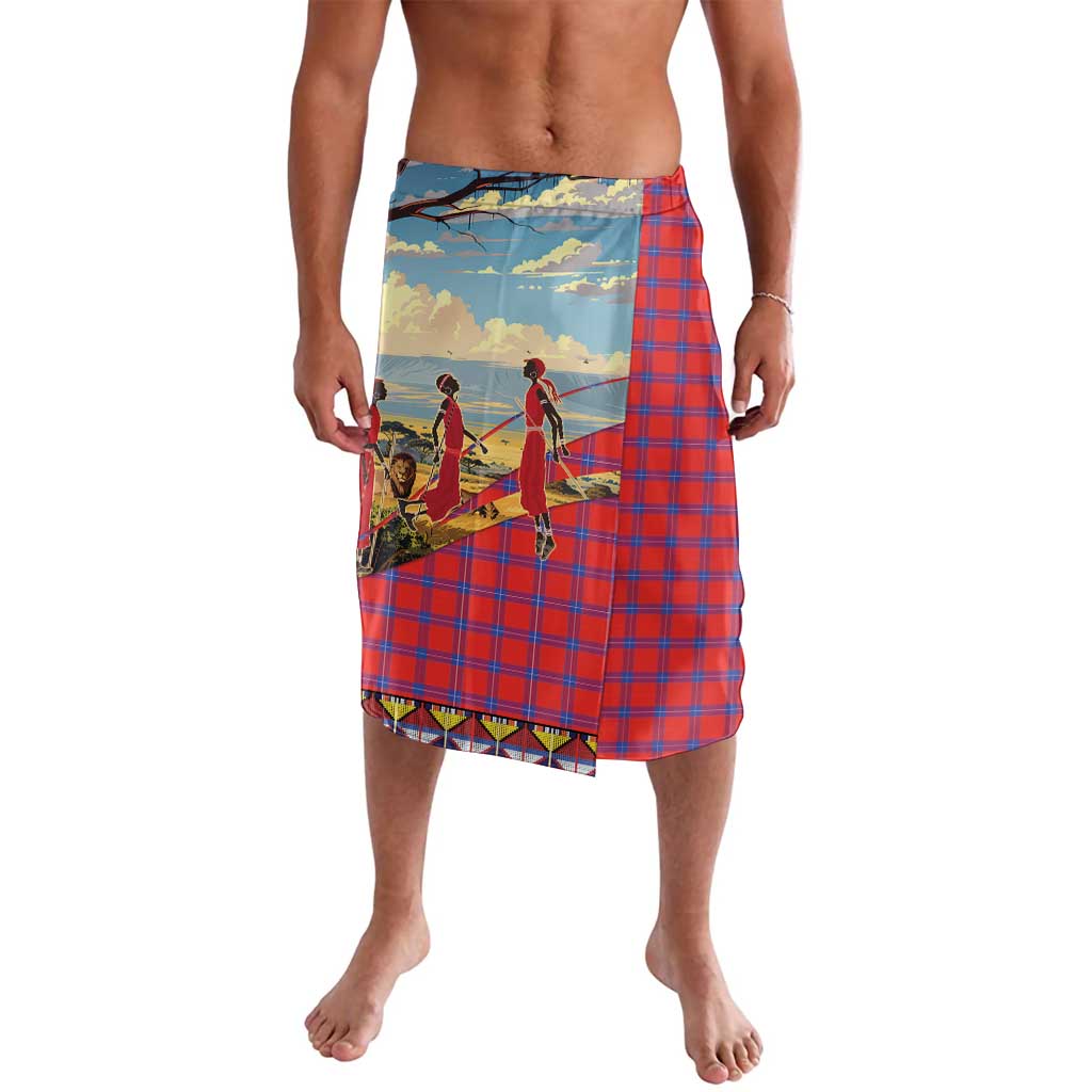 Red and blue plaid wrap skirt with colorful Maasai scene panel
