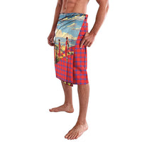Red and blue plaid wrap skirt with front landscape and figure print