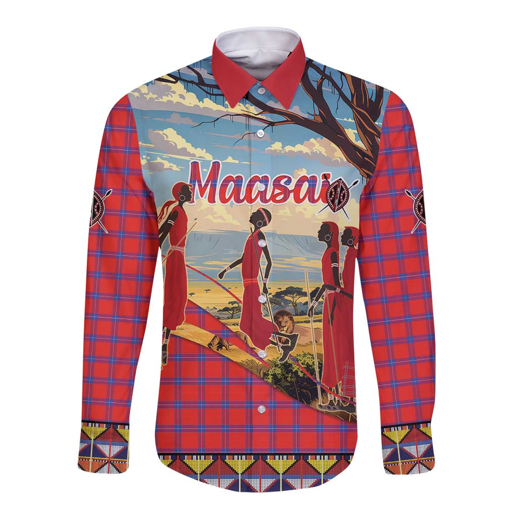 Red long-sleeve button shirt with graphic Maasai shuka scene and plaid sleeves
