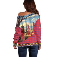 Women’s off-shoulder sweater, red plaid with full back Maasai-style graphic, long sleeves