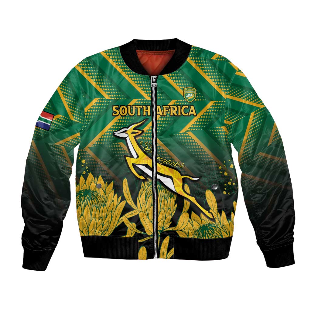 Green zip-up bomber jacket with black sleeves, South Africa crest and gold protea graphic