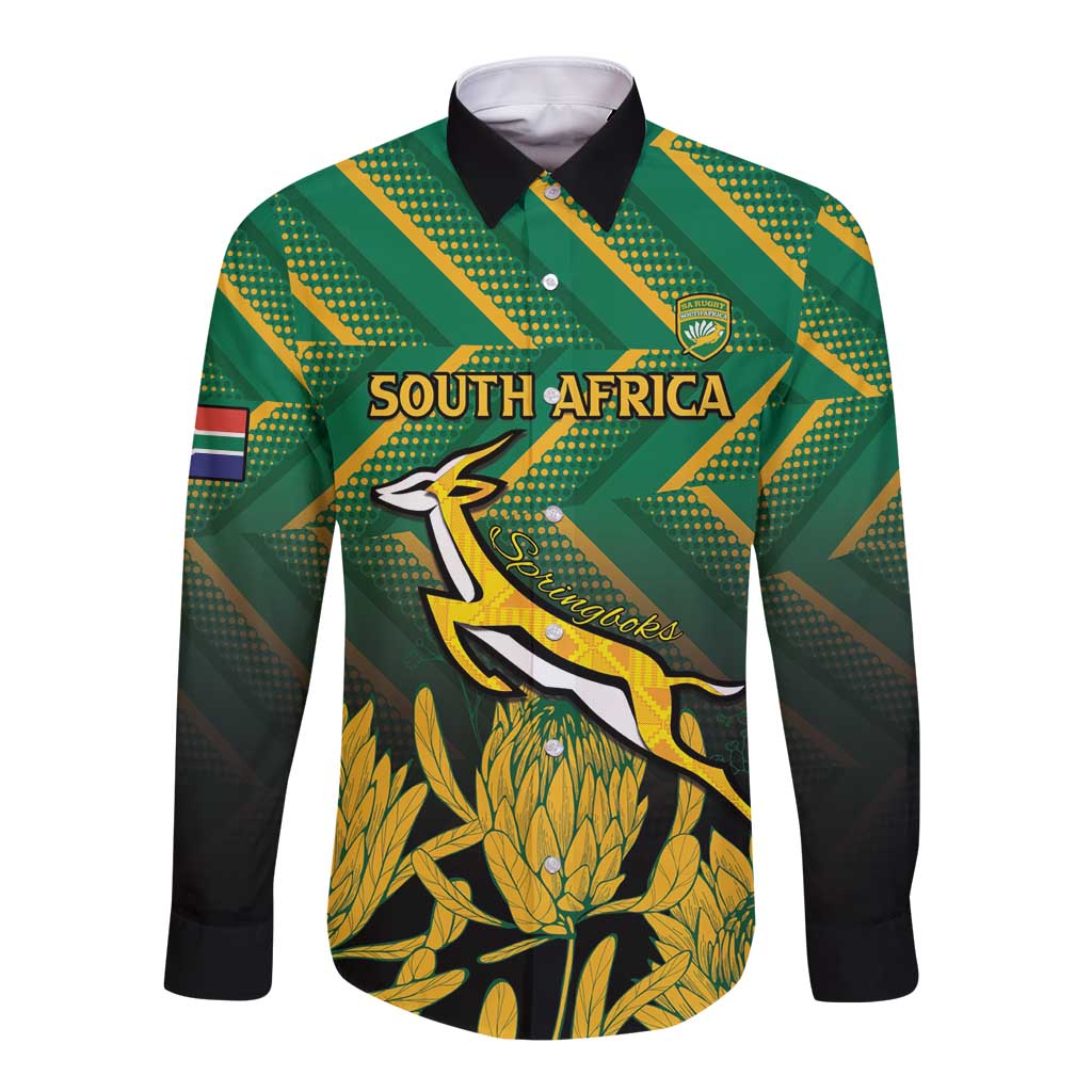 Green long-sleeve rugby button shirt with gold crest and patterned collar