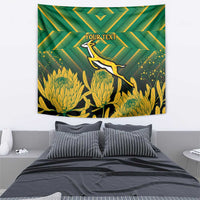 Green rugby tapestry with gold springbok silhouette, wheat-floral pattern and custom text