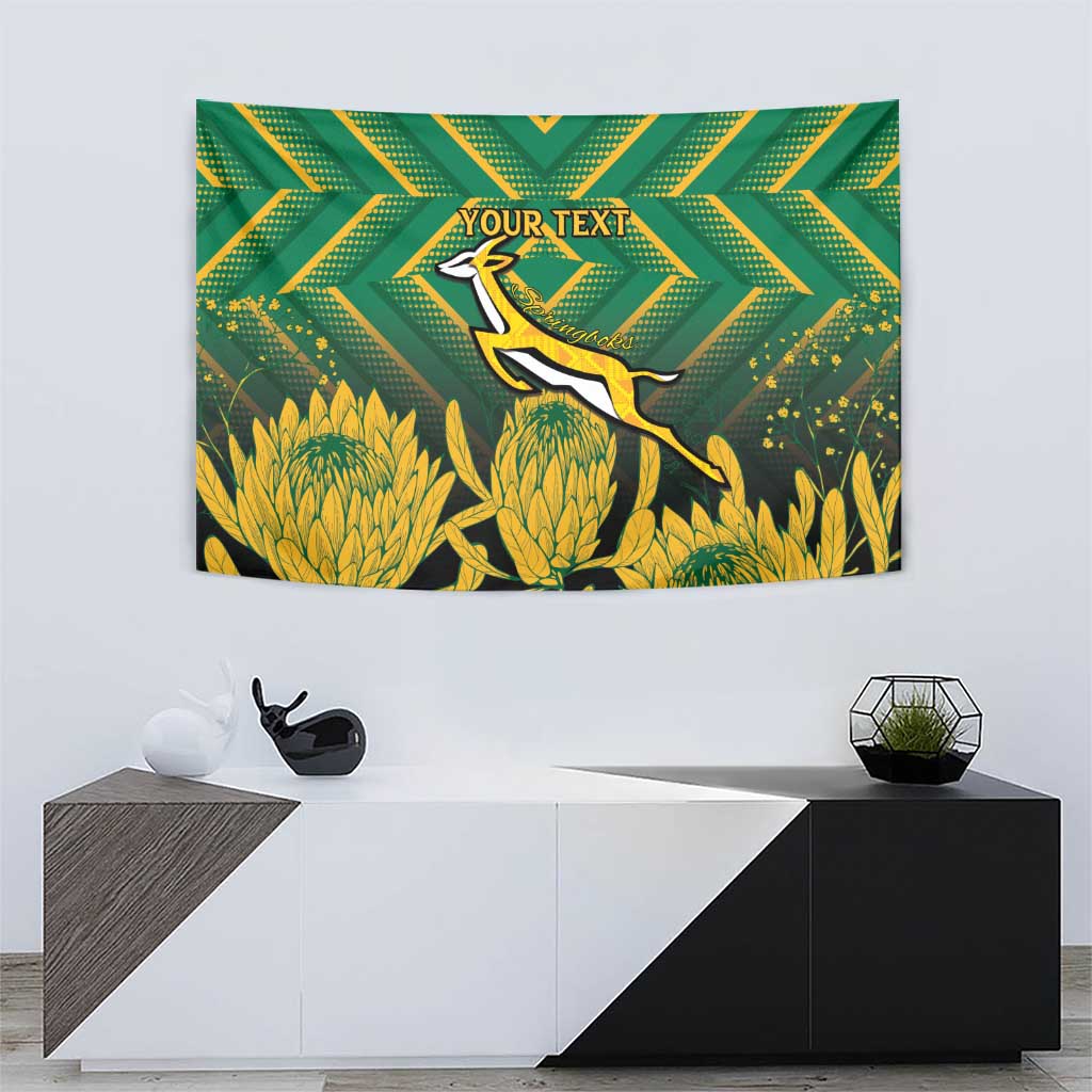 Green rugby tapestry wall hanging with gold springbok and wheat pattern, custom text