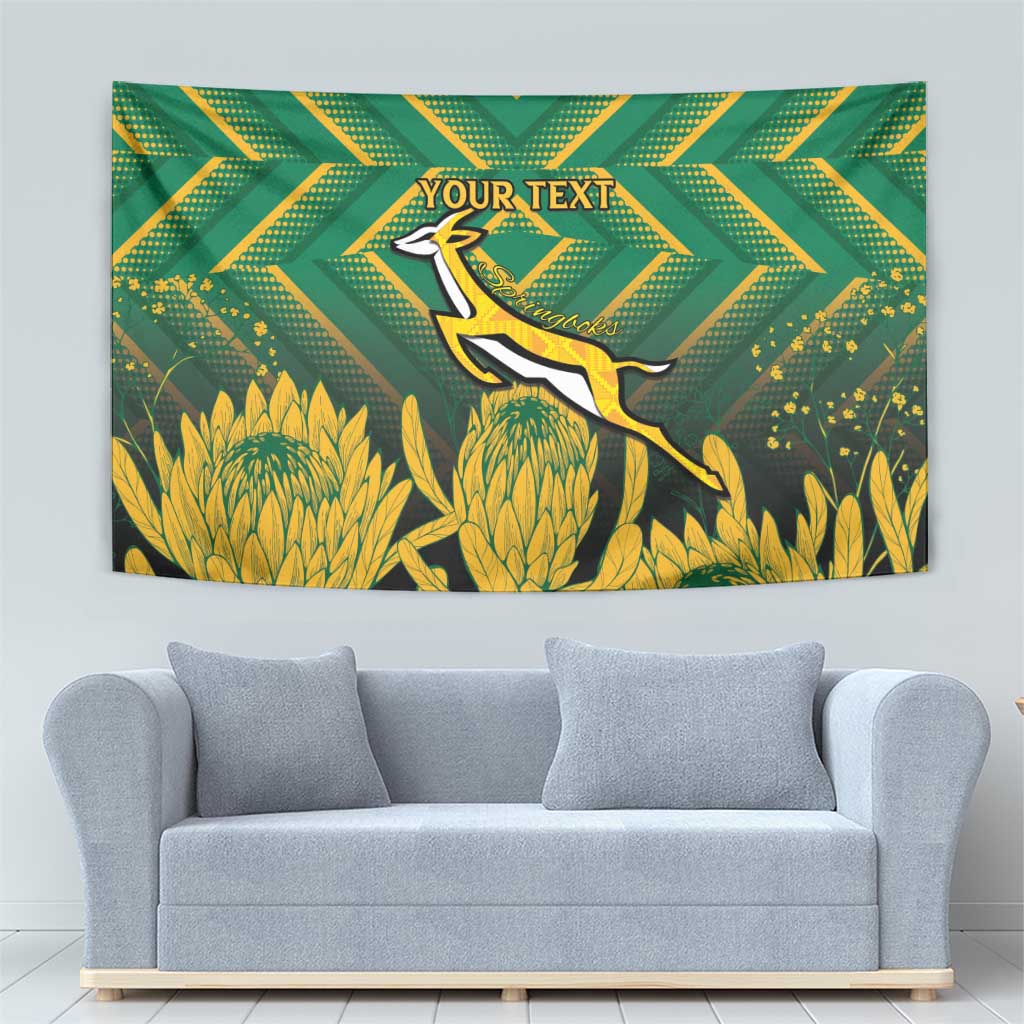 Green rugby tapestry with gold springbok, geometric chevrons, and custom text