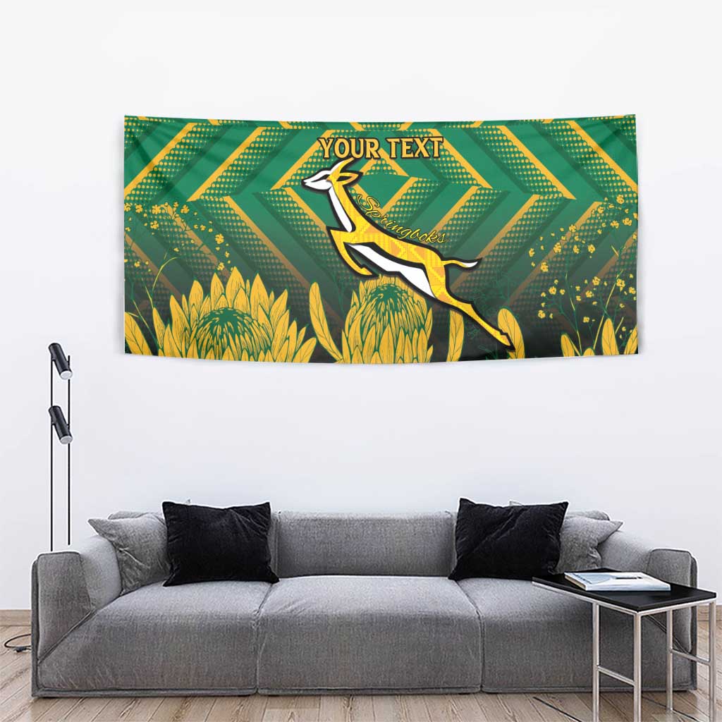Green rugby tapestry with gold springbok and wheat clusters, custom text, wall-hung