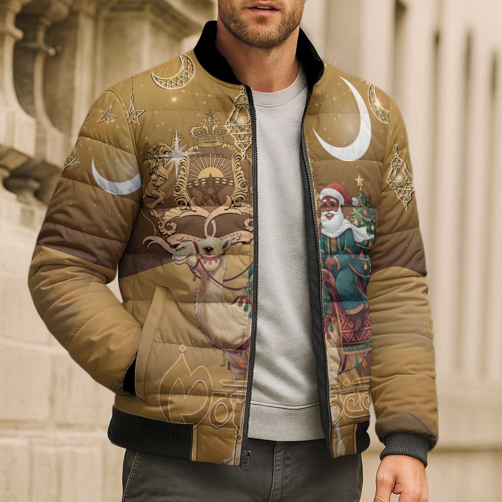Morocco Christmas in Sahara Bomber Puffer Jacket Black Santa Riding Camel - Wonder Print Shop