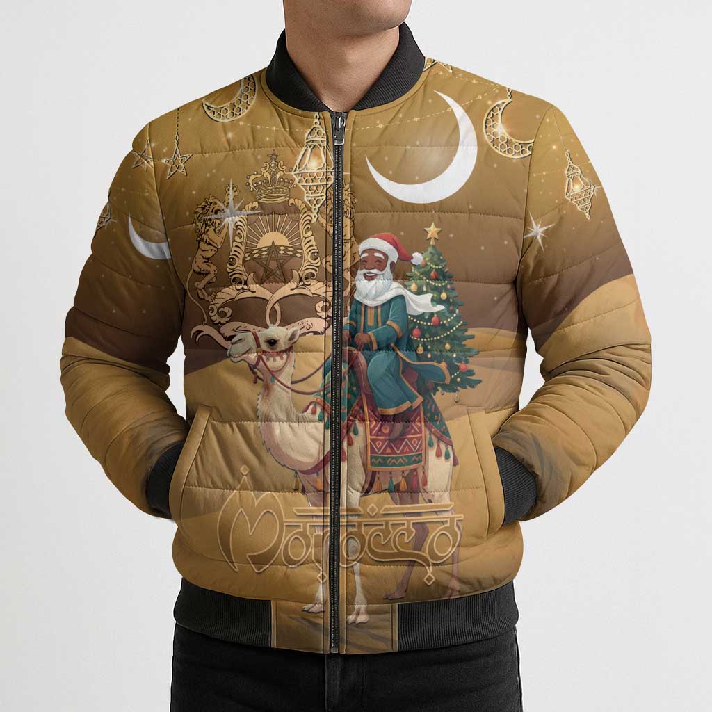 Morocco Christmas in Sahara Bomber Puffer Jacket Black Santa Riding Camel - Wonder Print Shop