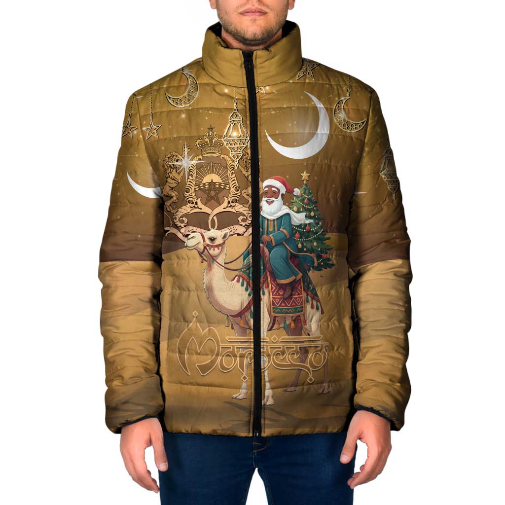Morocco Christmas in Sahara Padded Jacket Black Santa Riding Camel - Wonder Print Shop