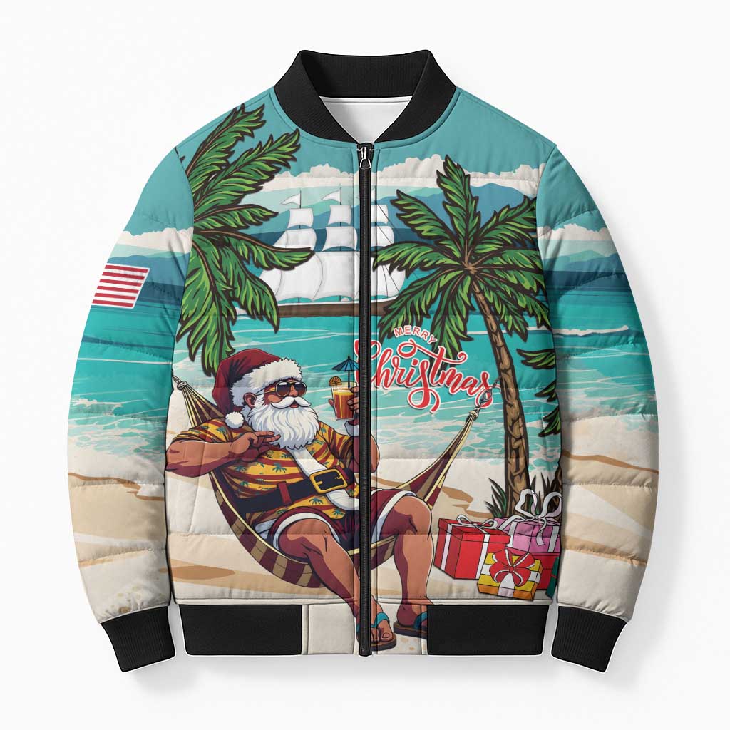 Liberia Christmas Bomber Puffer Jacket Santa Chill on Tropical Beach - Wonder Print Shop