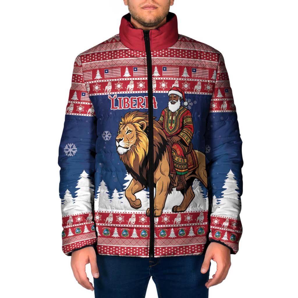 Personalized Liberia Christmas Padded Jacket Black Santa Riding Lion - Merry Christmas - Wonder Print Shop