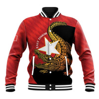 Red and black baseball jacket with crocodile graphic, striped ribbed collar and cuffs
