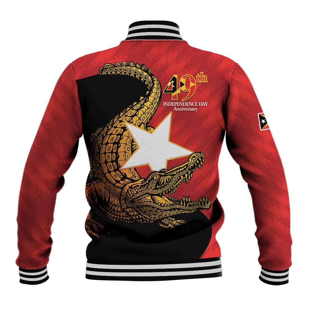 Red and black baseball jacket back with 49th anniversary Independence Day print, sleeve flag patch