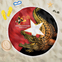 Round beach blanket with fringed edge, red/black 40th Independence Day crocodile graphic