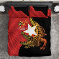 Red and black independence day bedding set with crocodile graphic and two pillow shams