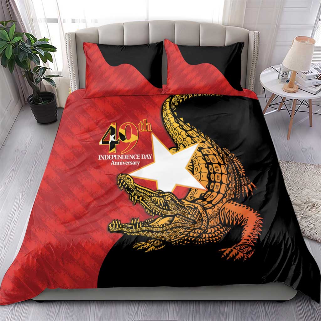 Red and black duvet cover set with crocodile emblem and two matching pillow shams