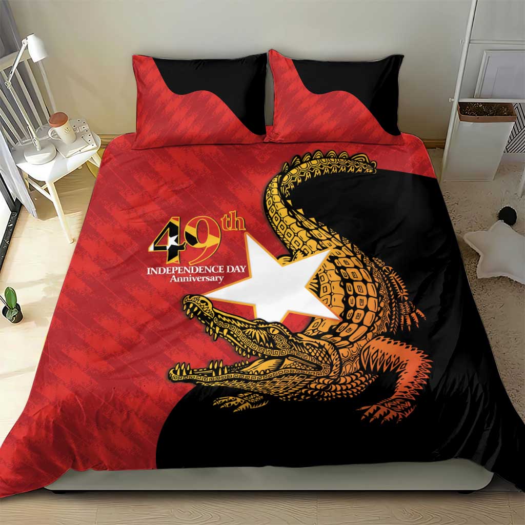 Red and black bedding set with crocodile graphic, two pillow shams, and duvet cover