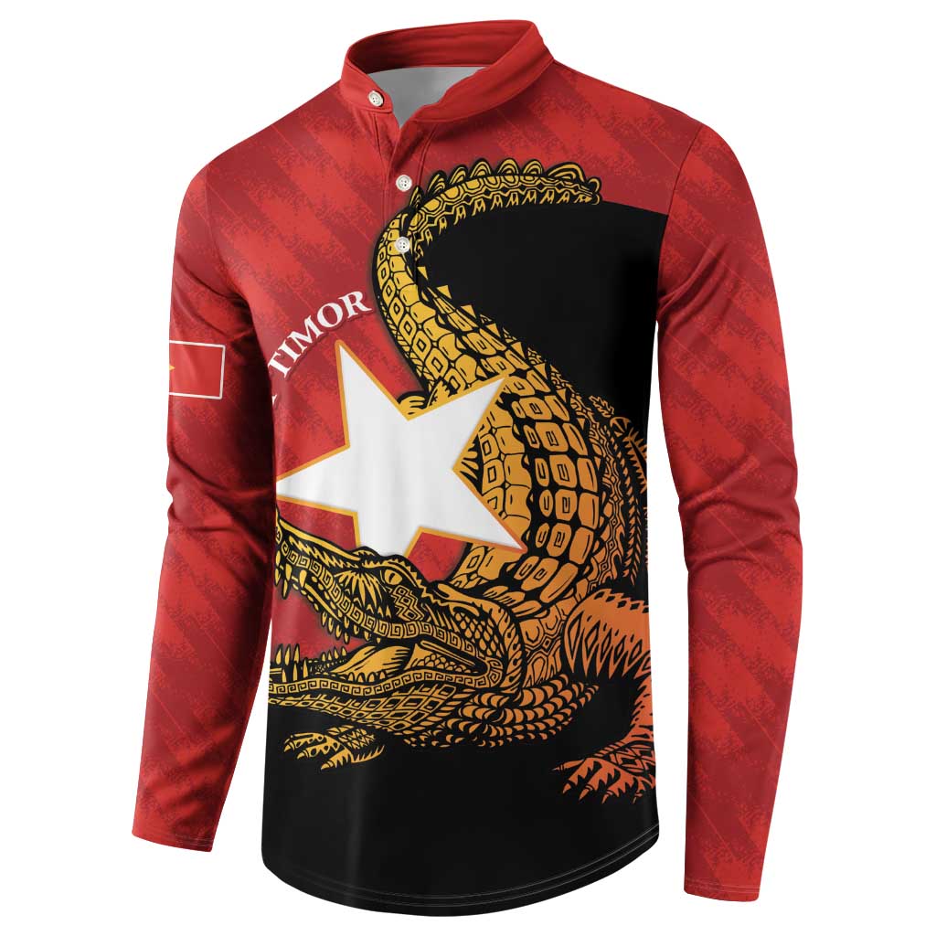 Red and black long-sleeve button sweatshirt with East Timor flag dragon print, angled front