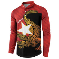 Red and black long-sleeve button sweatshirt with East Timor flag dragon print, angled front