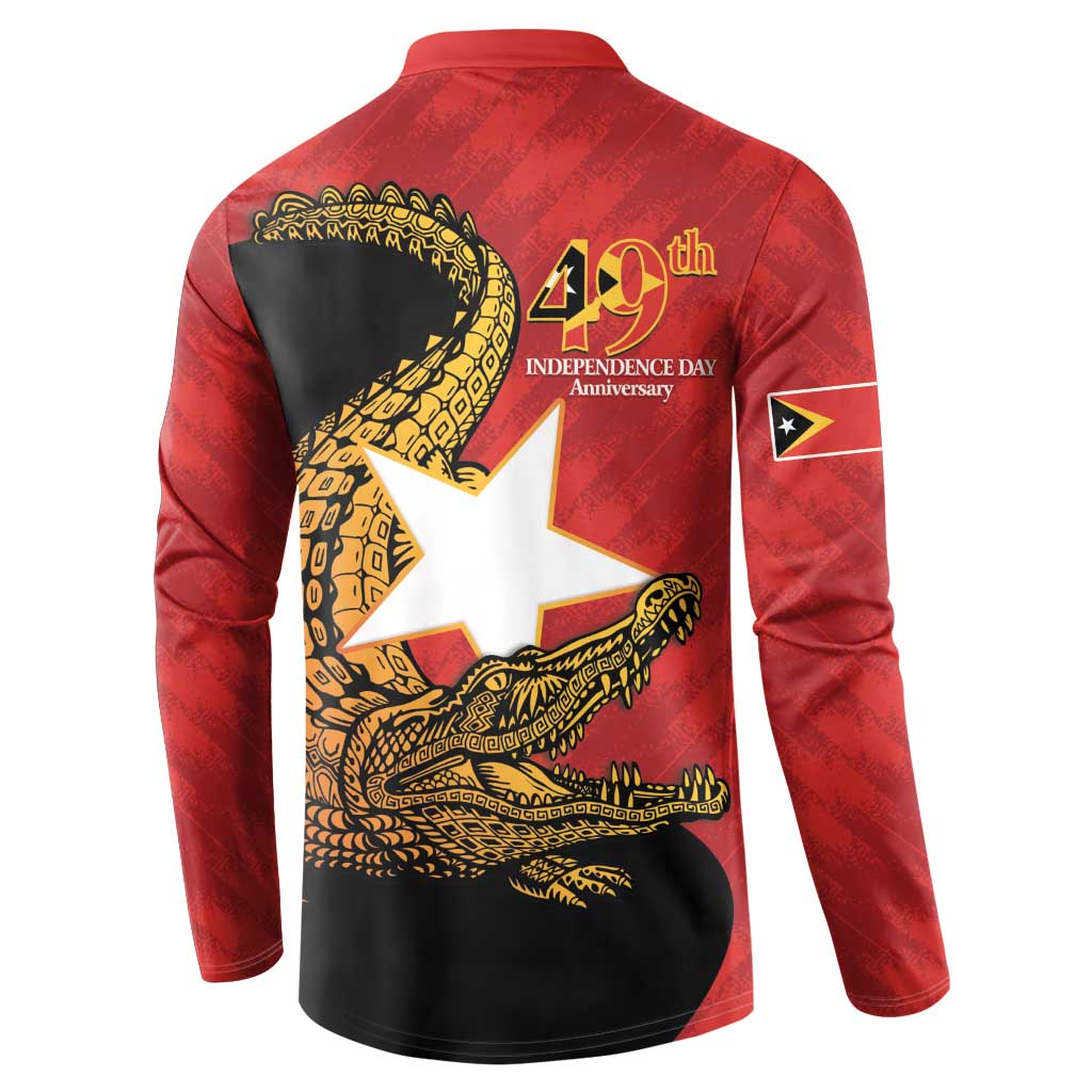 Red and black long-sleeve button sweatshirt back with '49th Independence Day' and crocodile graphic