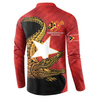 Red and black long-sleeve button sweatshirt back with '49th Independence Day' and crocodile graphic