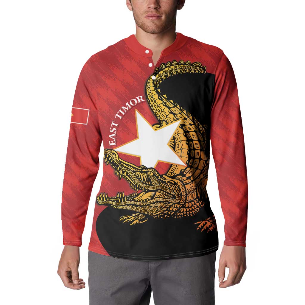 Red and black long-sleeve button sweatshirt on model, front graphic with East Timor flag