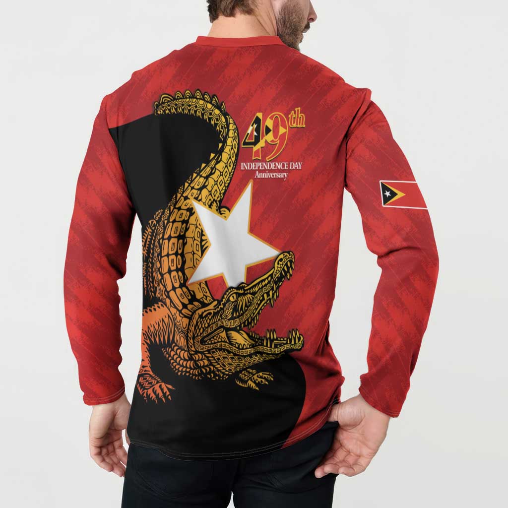 Red and black long-sleeve button sweatshirt on model, back '49th Independence Day' print