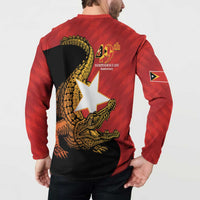 Red and black long-sleeve button sweatshirt on model, back '49th Independence Day' print