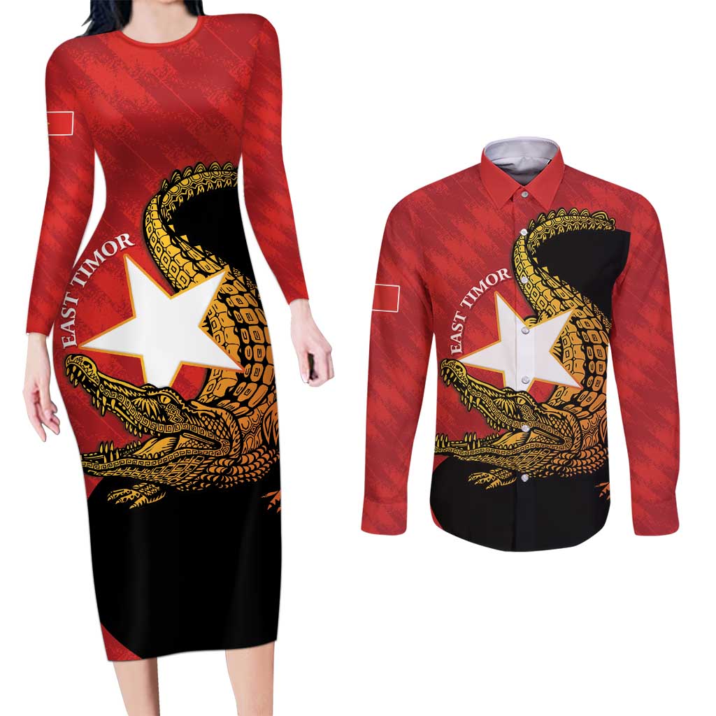 East Timor Independence Day Couples Matching Long Sleeve Bodycon Dress and Long Sleeve Button Shirt 49th Anniversary - Crocodile Curve Style - Wonder Print Shop