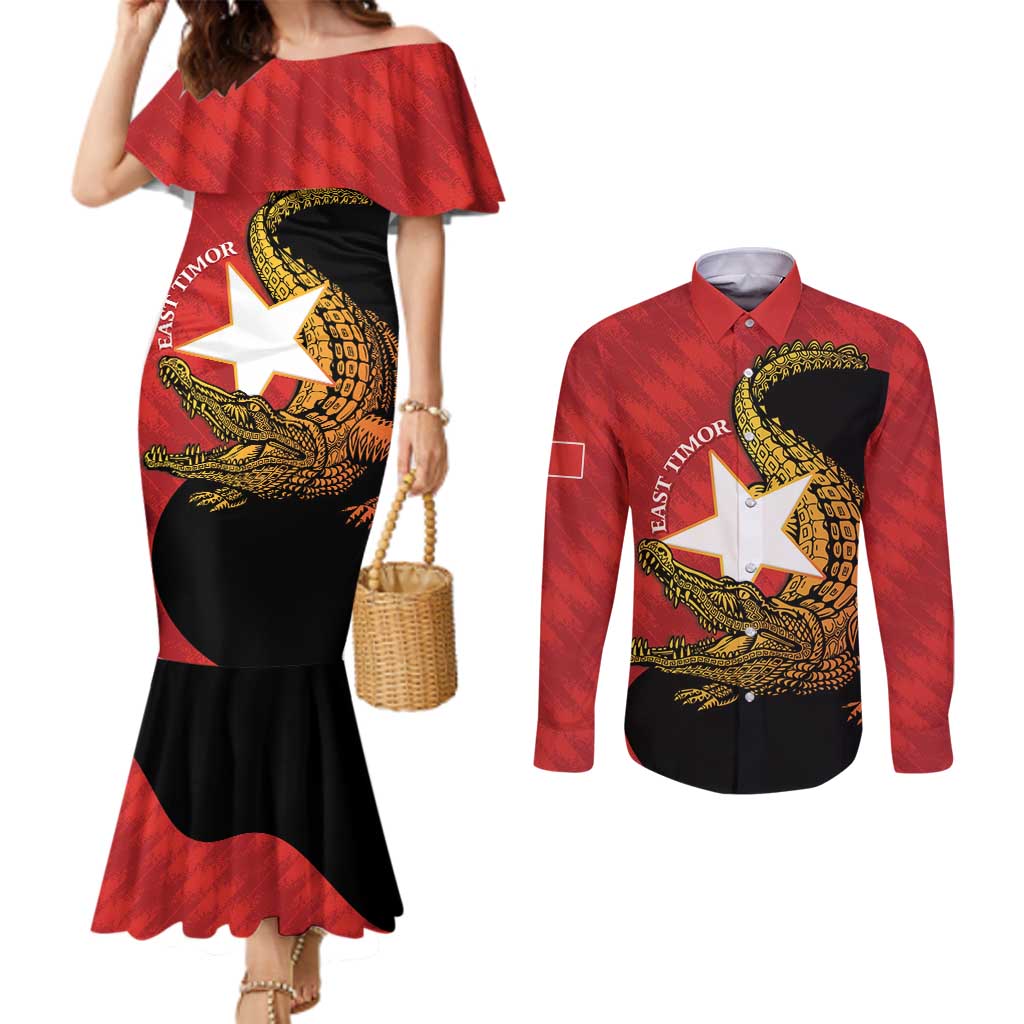 East Timor Independence Day Couples Matching Mermaid Dress and Long Sleeve Button Shirt 49th Anniversary - Crocodile Curve Style