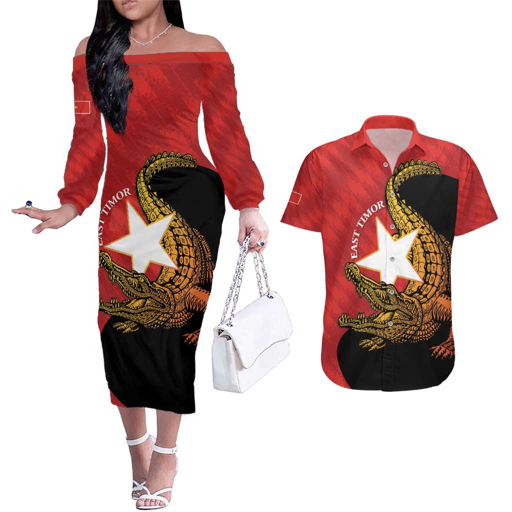 East Timor Independence Day Couples Matching Off The Shoulder Long Sleeve Dress and Hawaiian Shirt 49th Anniversary - Crocodile Curve Style - Wonder Print Shop