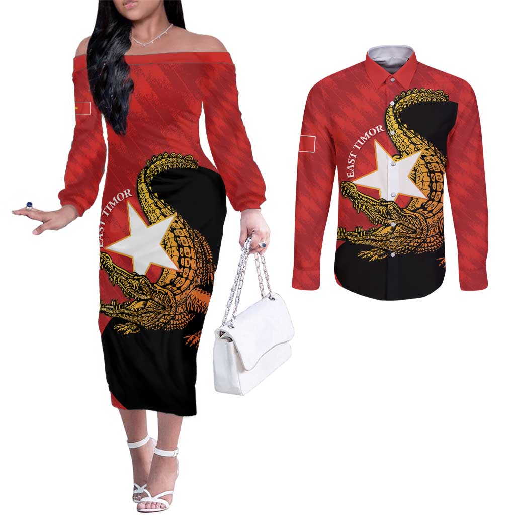 East Timor Independence Day Couples Matching Off The Shoulder Long Sleeve Dress and Long Sleeve Button Shirt 49th Anniversary - Crocodile Curve Style