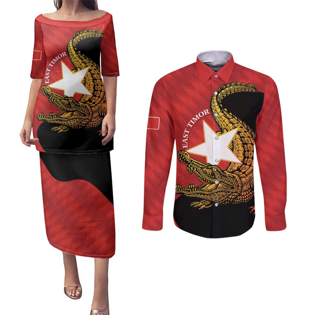 East Timor Independence Day Couples Matching Puletasi and Long Sleeve Button Shirt 49th Anniversary - Crocodile Curve Style - Wonder Print Shop