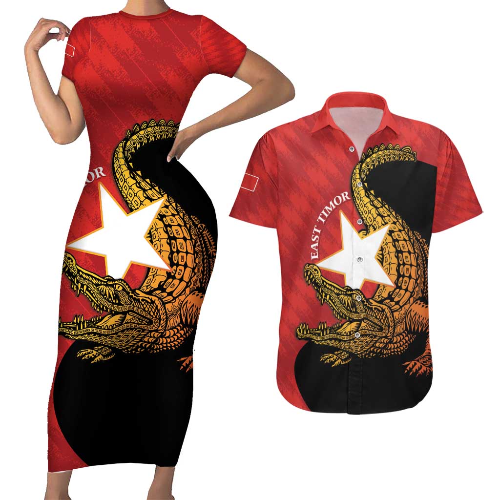 East Timor Independence Day Couples Matching Short Sleeve Bodycon Dress and Hawaiian Shirt 49th Anniversary - Crocodile Curve Style - Wonder Print Shop