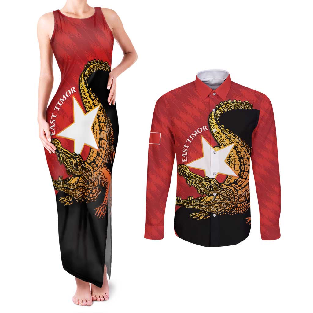 East Timor Independence Day Couples Matching Tank Maxi Dress and Long Sleeve Button Shirt 49th Anniversary - Crocodile Curve Style - Wonder Print Shop