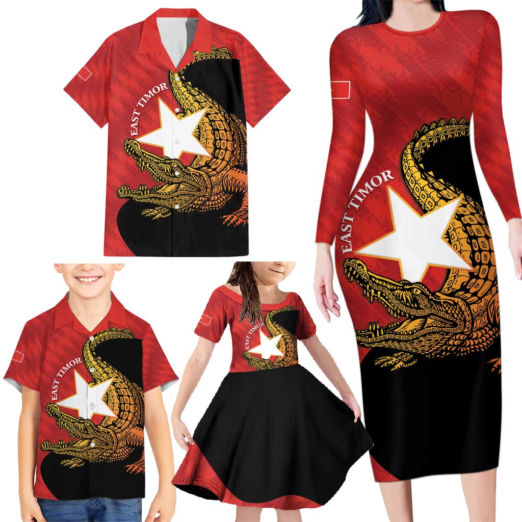 East Timor Independence Day Family Matching Long Sleeve Bodycon Dress and Hawaiian Shirt 49th Anniversary - Crocodile Curve Style - Wonder Print Shop