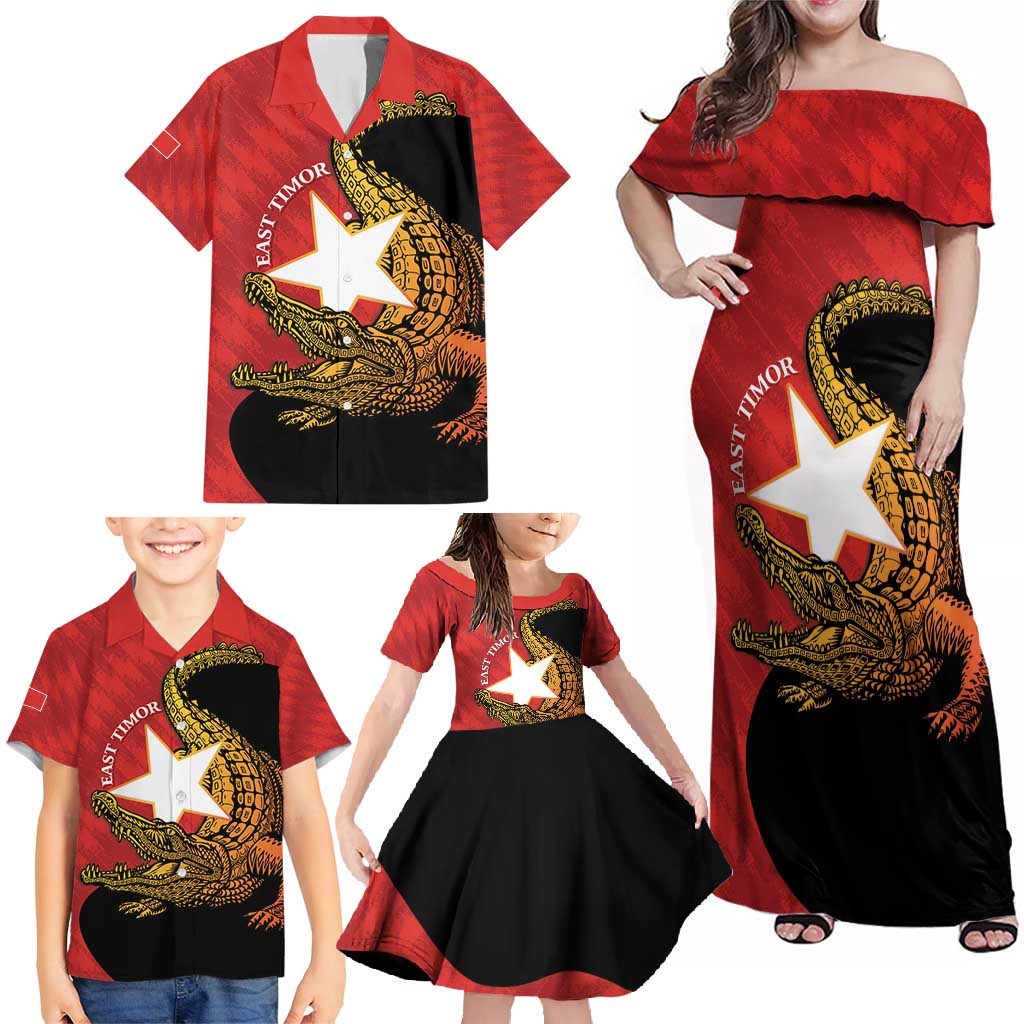 East Timor Independence Day Family Matching Off Shoulder Maxi Dress and Hawaiian Shirt 49th Anniversary - Crocodile Curve Style - Wonder Print Shop