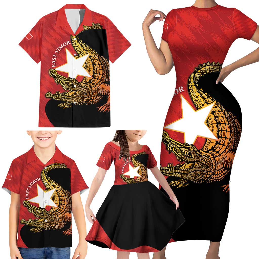 East Timor Independence Day Family Matching Short Sleeve Bodycon Dress and Hawaiian Shirt 49th Anniversary - Crocodile Curve Style - Wonder Print Shop