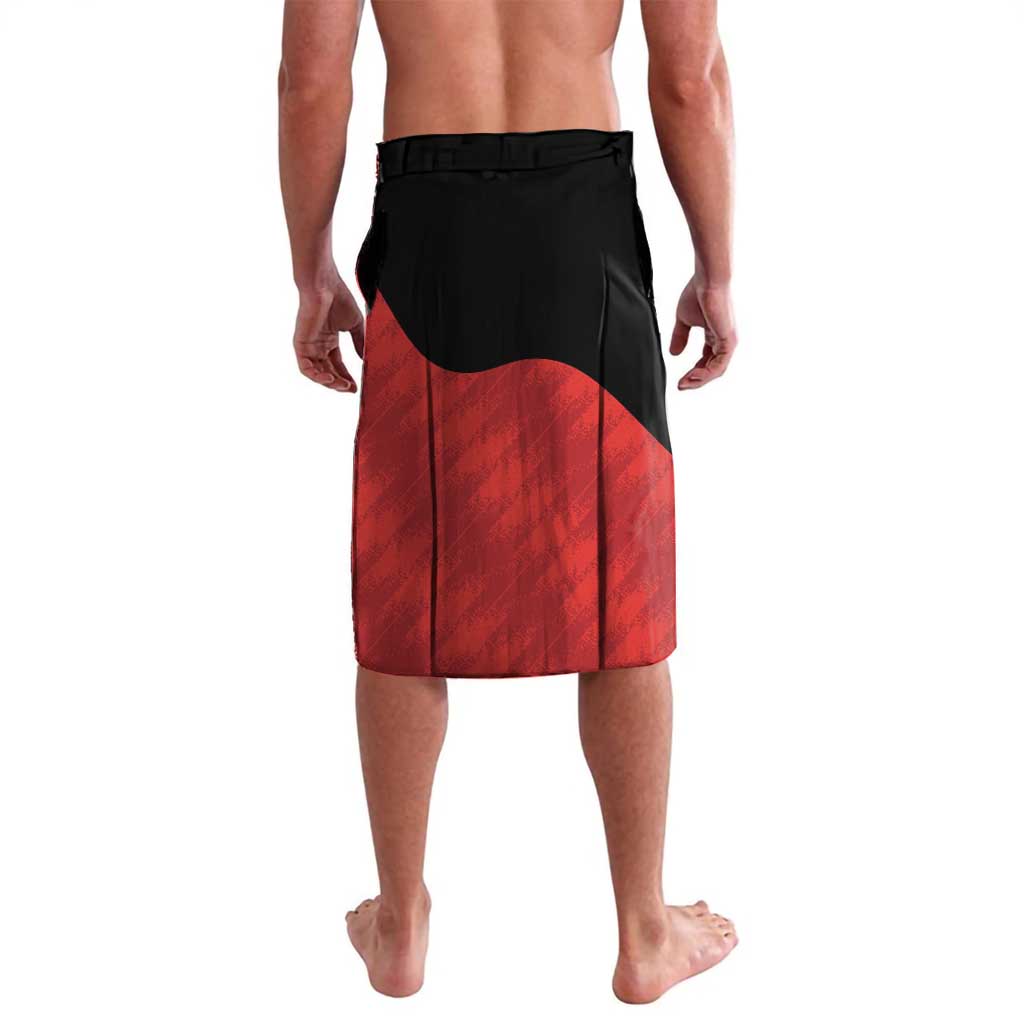 Back-view lavalava in black and red with abstract curved panel pattern