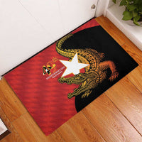 Corner view rubber doormat with red base, black panel, star and crocodile design