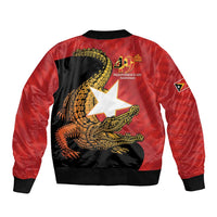 Red and black bomber jacket with back eagle print, ribbed collar and hem, long sleeves